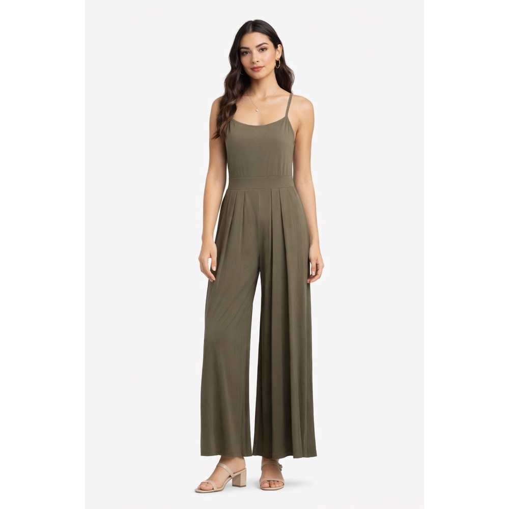 Privy Tan Ribbed Wide Leg Jumpsuit Womens Medium Square Neck Spaghetti Strap